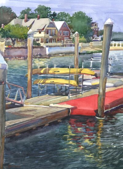 Kayaks Off the Carpet - en plein air watercolor seascape painting with boats by Frank Costantino