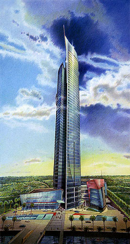 Liberty-Tower-Proposal-Jakarta-Indonesia - colored pencil architectural illustration rendering by Frank Costantino