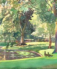 Long Light- Public Garden’s Duck Pond – en plein air watercolor landscape painting