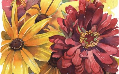 Meditation on Magenta- Zinnia & Sunflower – watercolor floral painting
