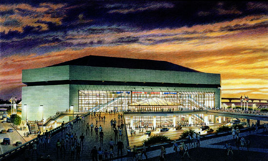 New Orleans Arena - colored pencil architectural illustration rendering by Frank Costantino