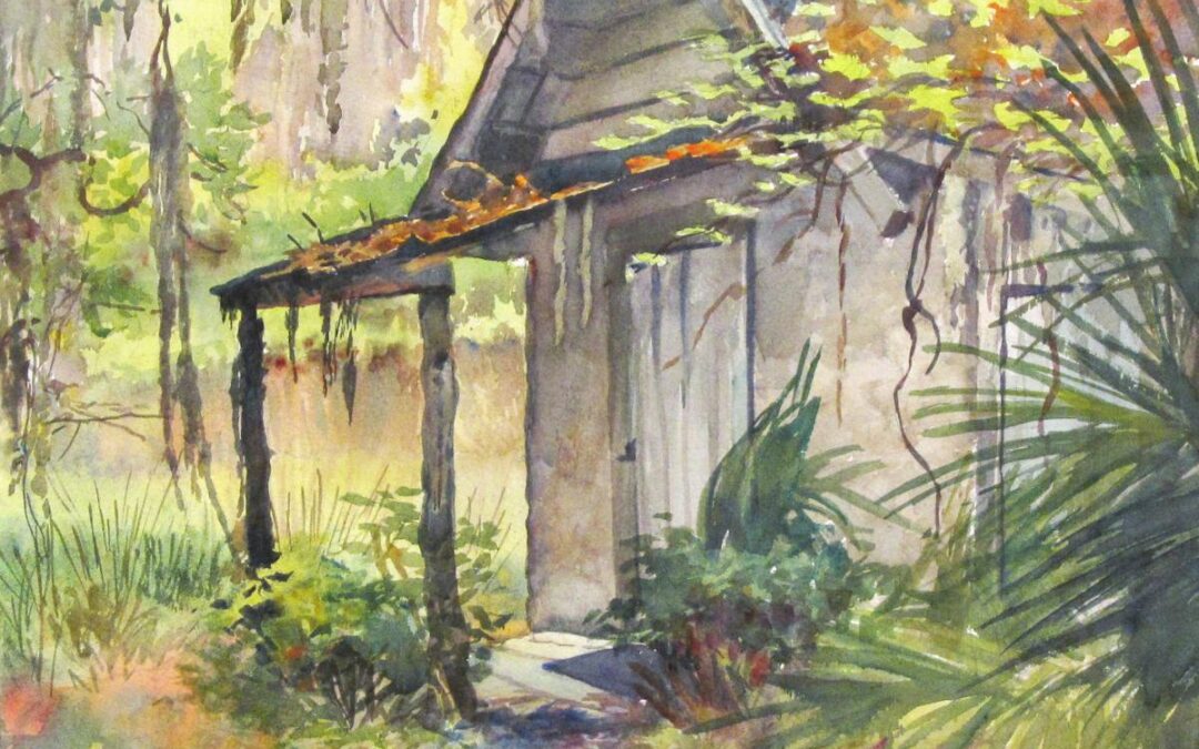 Fishin' No Mo - en plein air watercolor architectural landscape painting by Frank Costantino