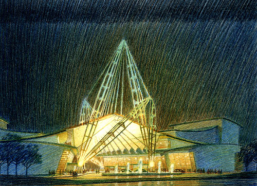 North Carolina Performing Arts Institute, Research Triangle – colored pencil architectural illustration rendering