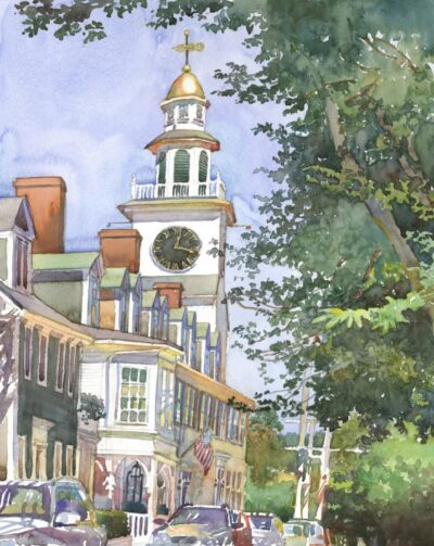 Orange Street Church - en plein air watercolor landscape building painting by Frank Costantino