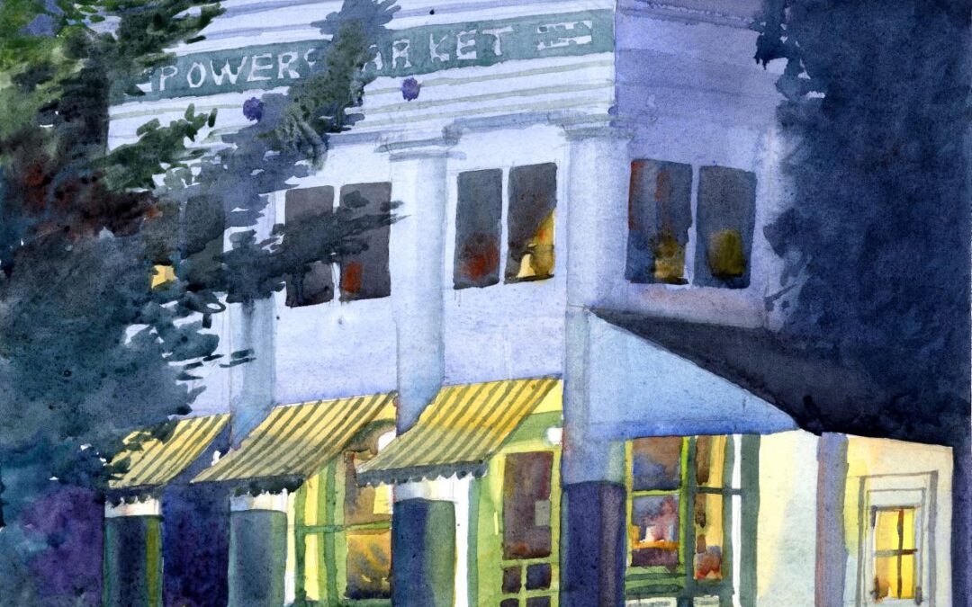 Porch Light Study- Powers Market – en plein air watercolor landscape building painting