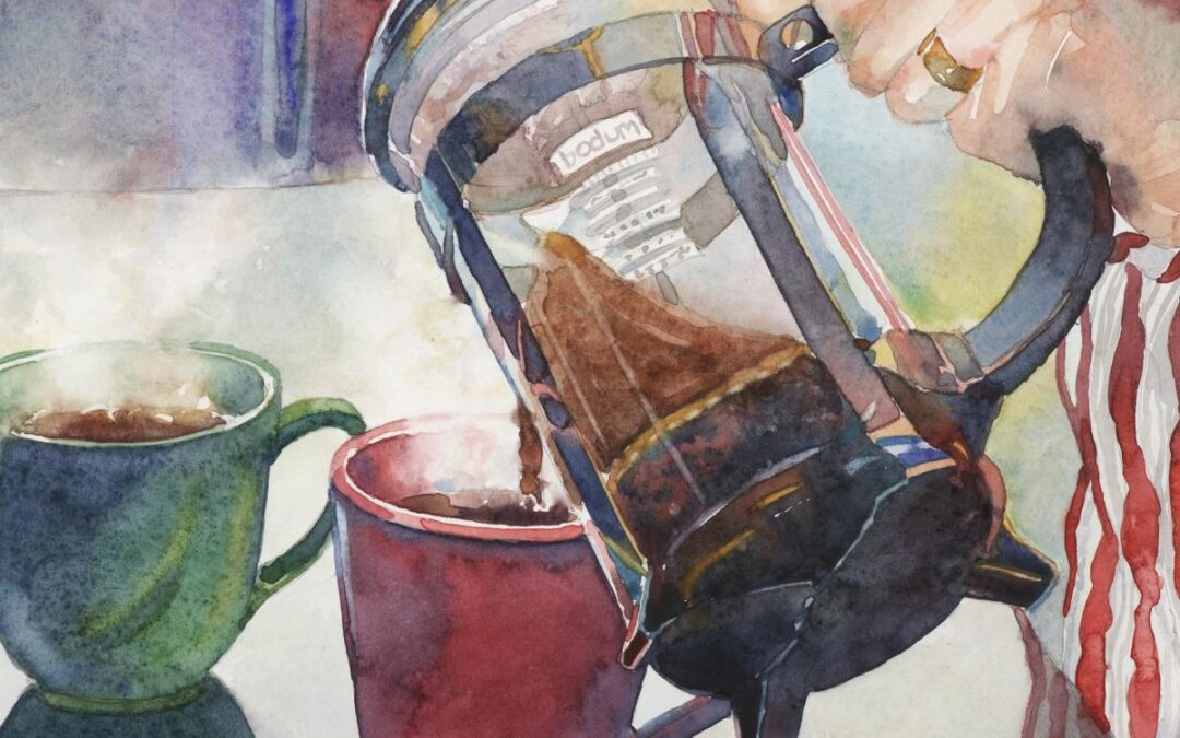 Pre- Caffeinated – watercolor still life painting