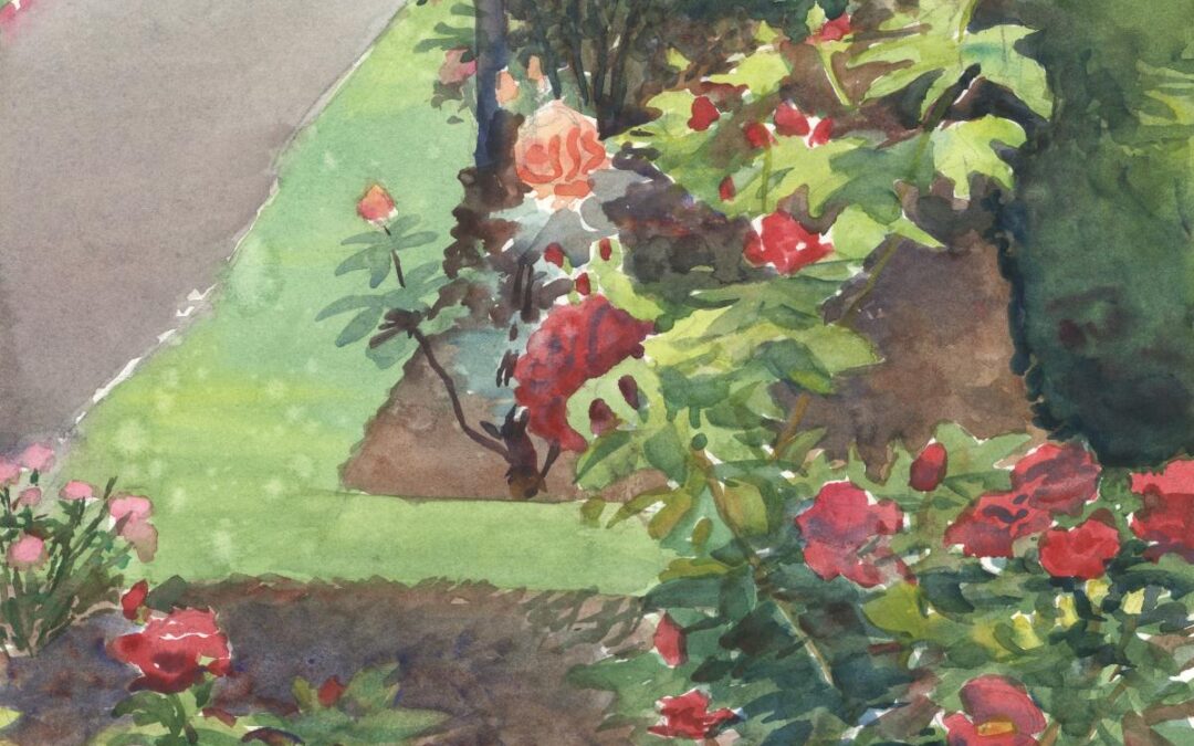 Rosey Pathway - en plein air watercolor landscape floral painting by Frank Costantino