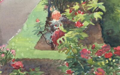 Rosey Pathway – en plein air watercolor landscape floral painting