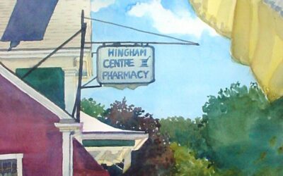 Saturday’s Shadow- Centre Pharmacy – en plein air watercolor landscape building painting by Frank Costantino