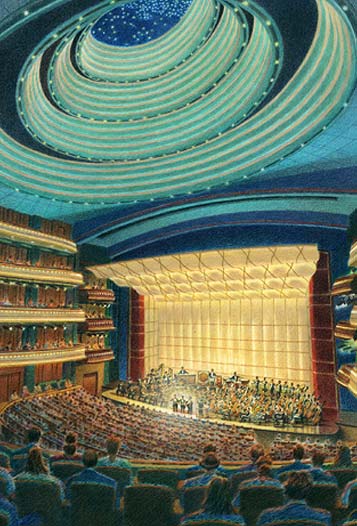 Schuster Performing Arts Center, Symphonic Concert Hall - colored pencil architectural illustration rendering by Frank Costantino