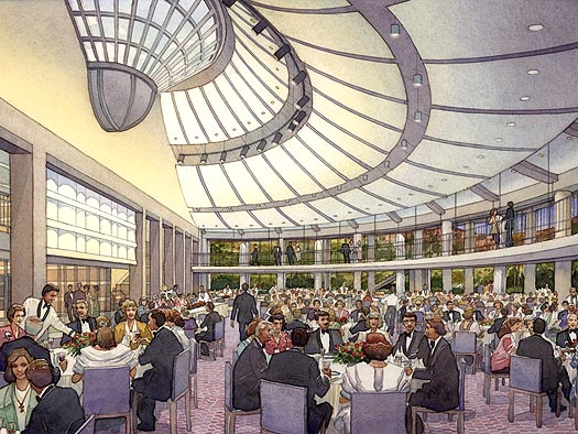 Skirball Cultural Center - Interior View, Los Angeles, California - watercolor architectural illustration rendering by Frank Costantino
