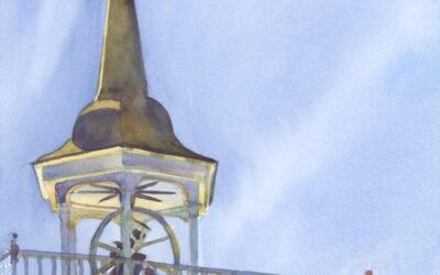 Snow Steeple- Early Spring – en plein air watercolor landscape painting of church building