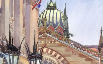 Steeple & Lanterns – Old South Church and Boston Public Library – watercolor landscape painting of buildings