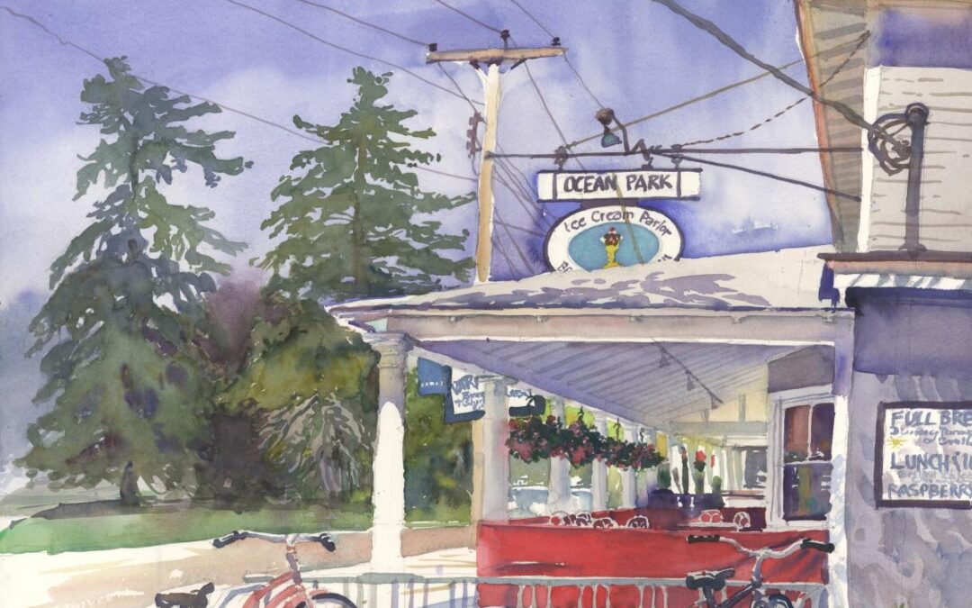 Summer's Welcome Respite - en plein air watercolor landscape painting of store building by Frank Costantino