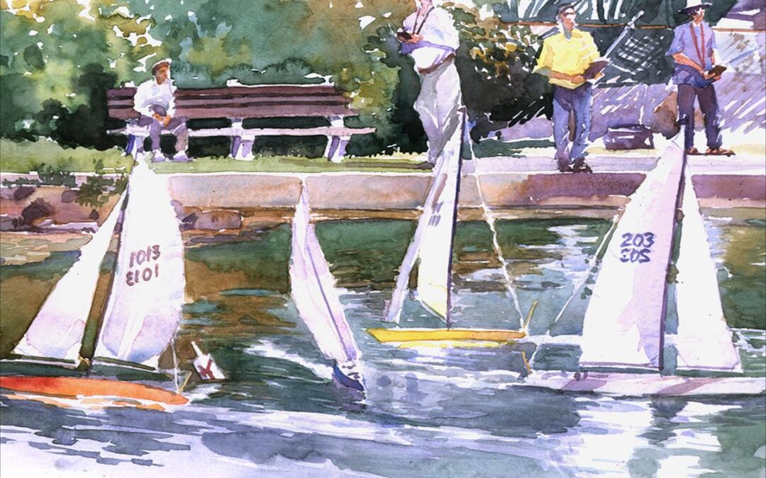 Sunday Races at Redd's Pond - en plein air watercolor landscape painting by Frank Costantino