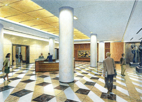 Terrell Place, Main Lobby, Washington D.C. – colored pencil architectural illustration rendering by Frank Costantino