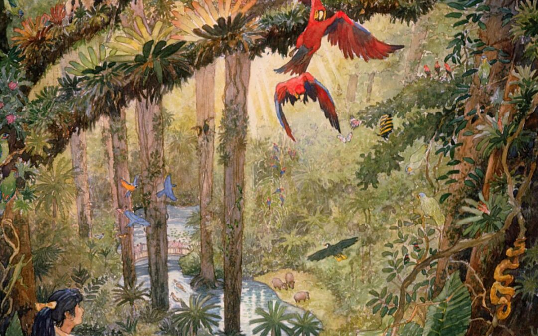 Tsuruhama Rainforest Pavillion - watercolor landscape illustration painting by Frank Costantino