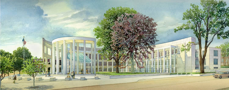 U.S. Federal Courthouse, Springfield MA - watercolor architectural illustration rendering by Frank Costantino