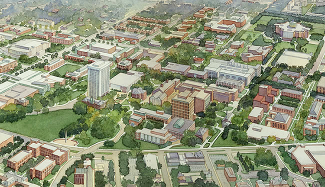 University of Kentucky, Master Plan, Lexington, KY - watercolor architectural illustration rendering by Frank Costantino