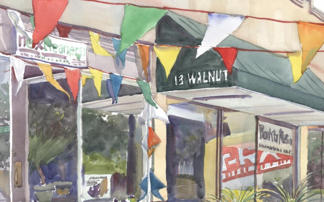 Walnut's Banners - en plein air watercolor urban street scene painting by Frank Costantino
