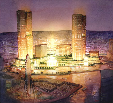 Waterfront Master Plan Proposal, Yokohama, Japan – watercolor architectural illustration rendering
