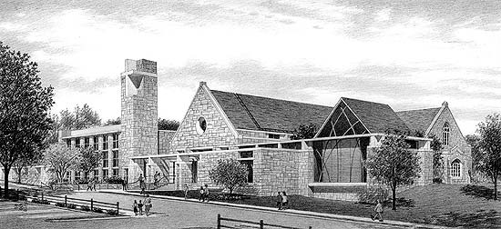 Westside Presbyterian Church – black & white pencil architectural illustration