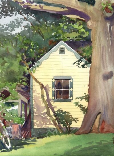 Yellow Garden Shed - en plein air watercolor landscape building painting by Frank Costantino