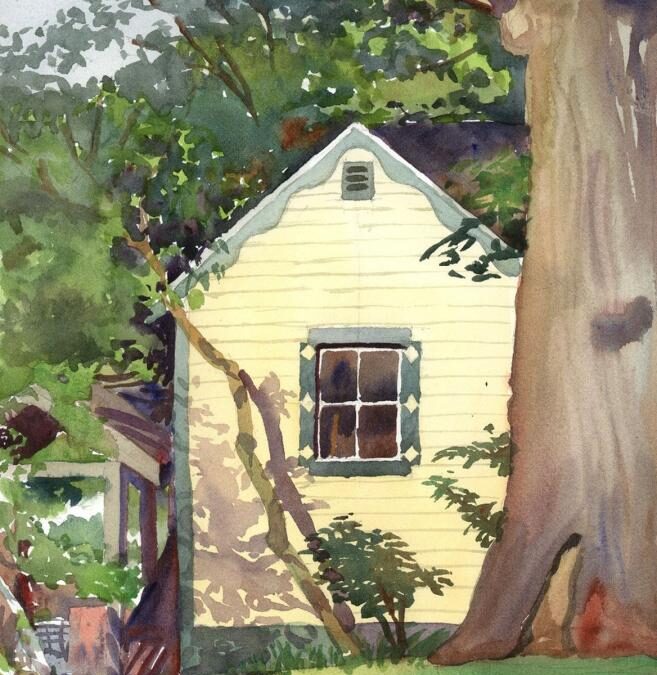 Yellow Garden Shed – en plein air watercolor landscape building painting
