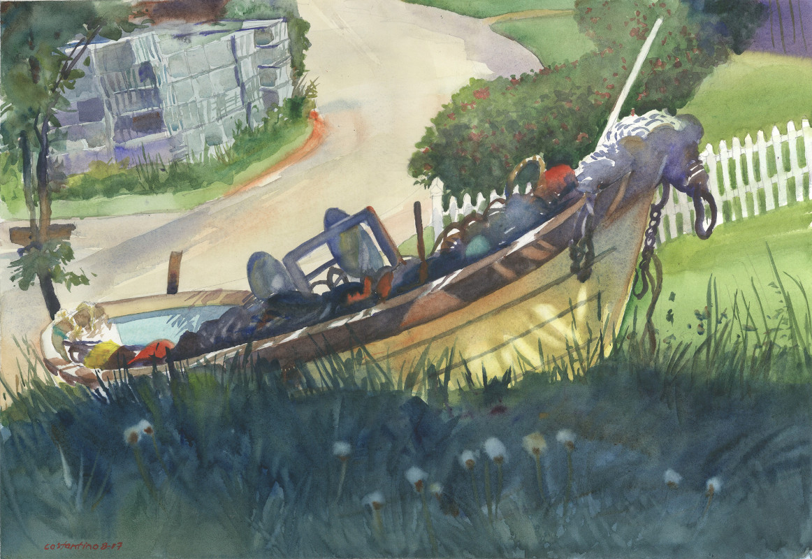 Uphill Dory III, Monhegan Isle - watercolor painting by Frank Costantino